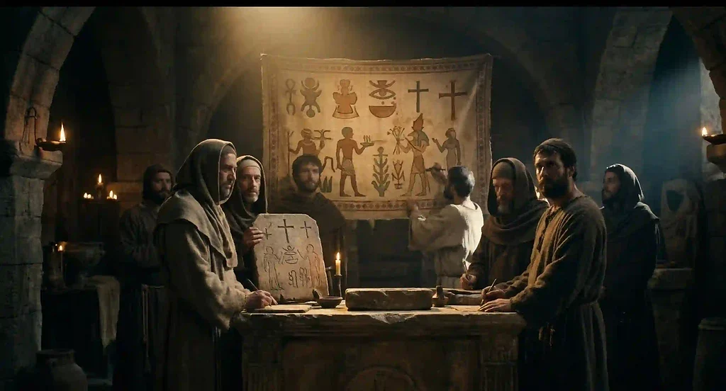Christian Warping Of The Canaan - Biblical scene with scholars in an ancient stone chamber. Biblical scholars studying ancient artifacts in a stone chamber.