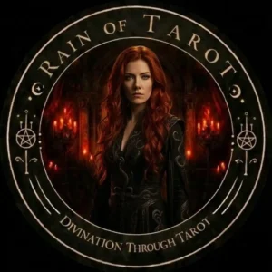 Rain of Tarot logo featuring a woman and divination tarot symbols.