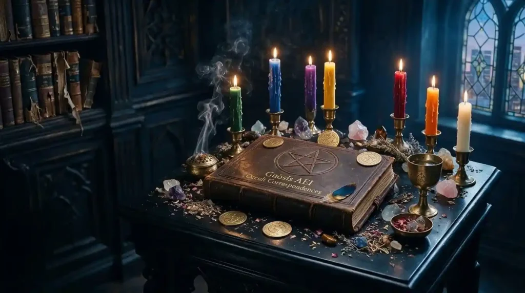 A collection of colorful ritual candles, crystals, and esoteric tools are arranged on a dark carved table around a large, embossed grimoire titled Gnōsis AEI Occult Correspondences which features a prominent pentagram symbol on its leather cover, within a dimly lit, atmospheric Gothic library with a stained glass window.