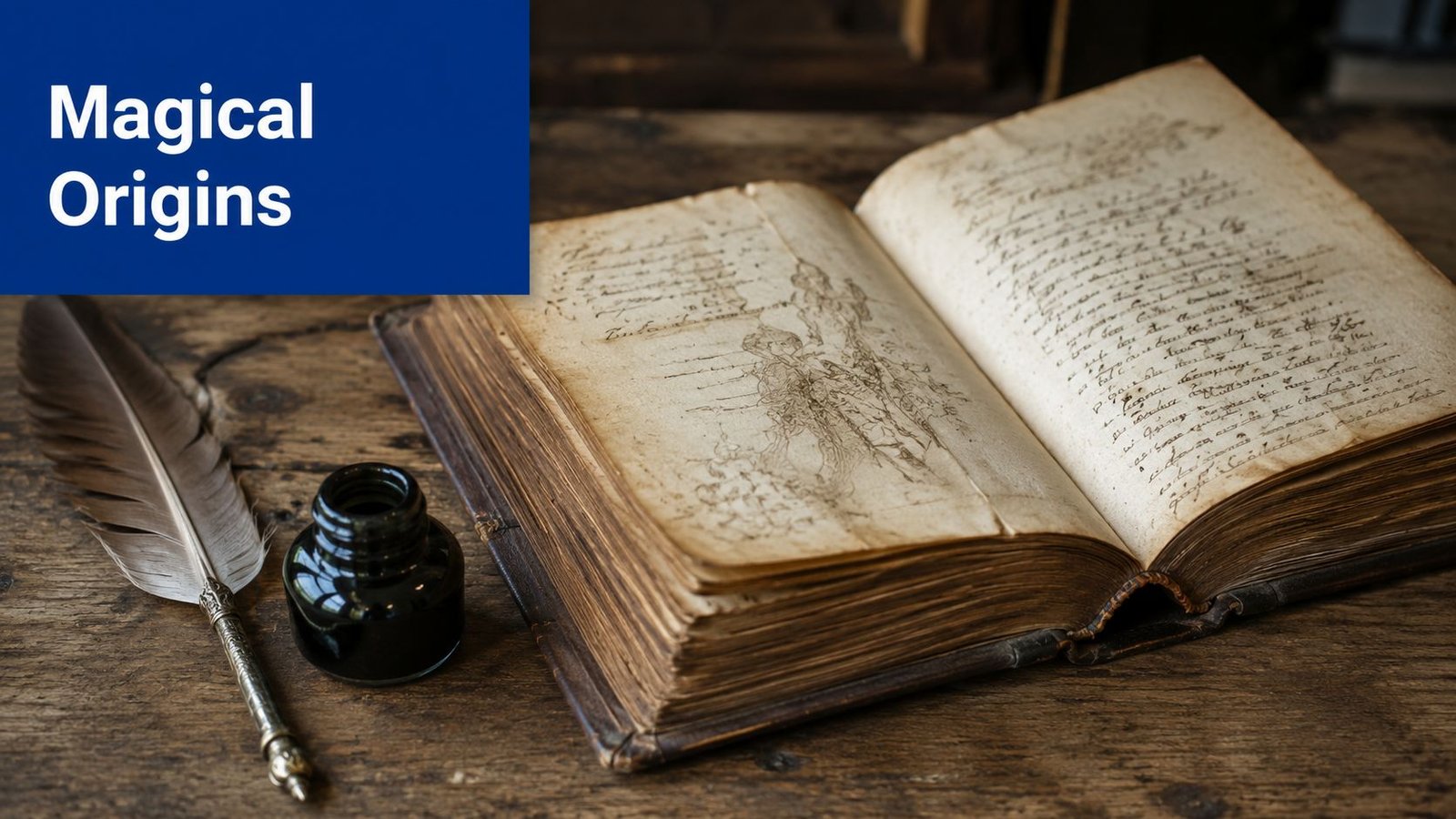 A vintage quill pen, an inkwell, and an open antique book with sketches on a wooden table.