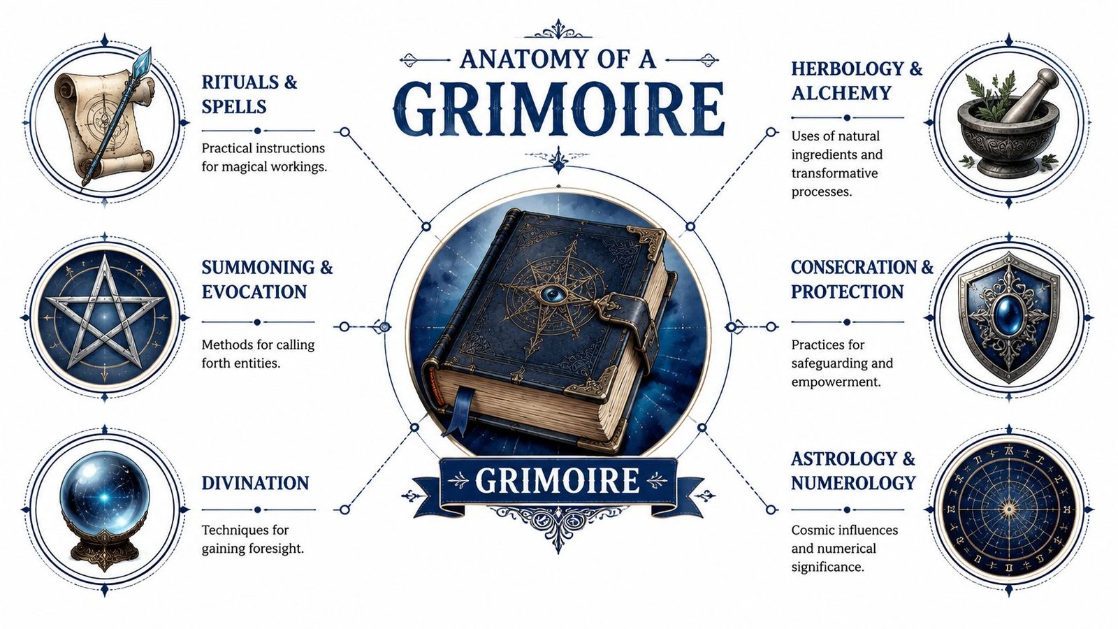 An infographic titled Anatomy of a Grimoire illustrating six core magical subjects including rituals, alchemy, and divination.
