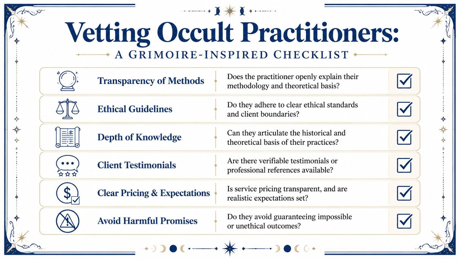 A checklist for vetting occult practitioners, presented in a magical grimoire-inspired graphic design with six criteria.