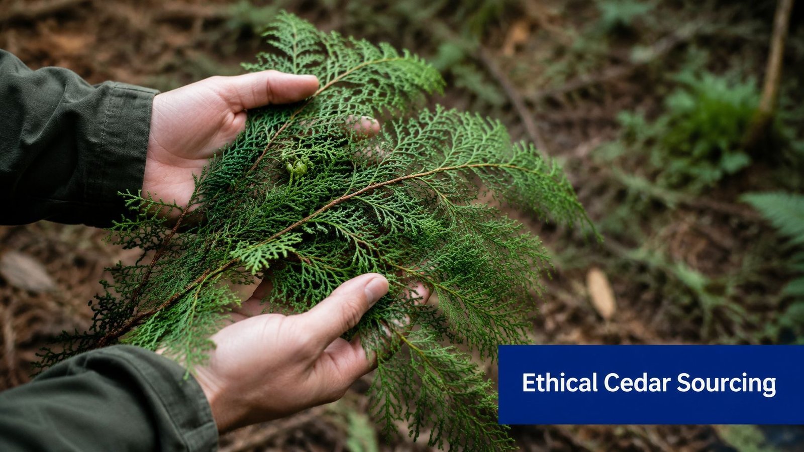 A pair of hands holding fresh green cedar branches in a forest for ethical cedar sourcing.