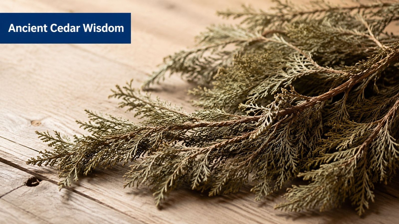 A bundle of dried cedar branches lying on a rustic wooden table surface for spiritual smudging practice.