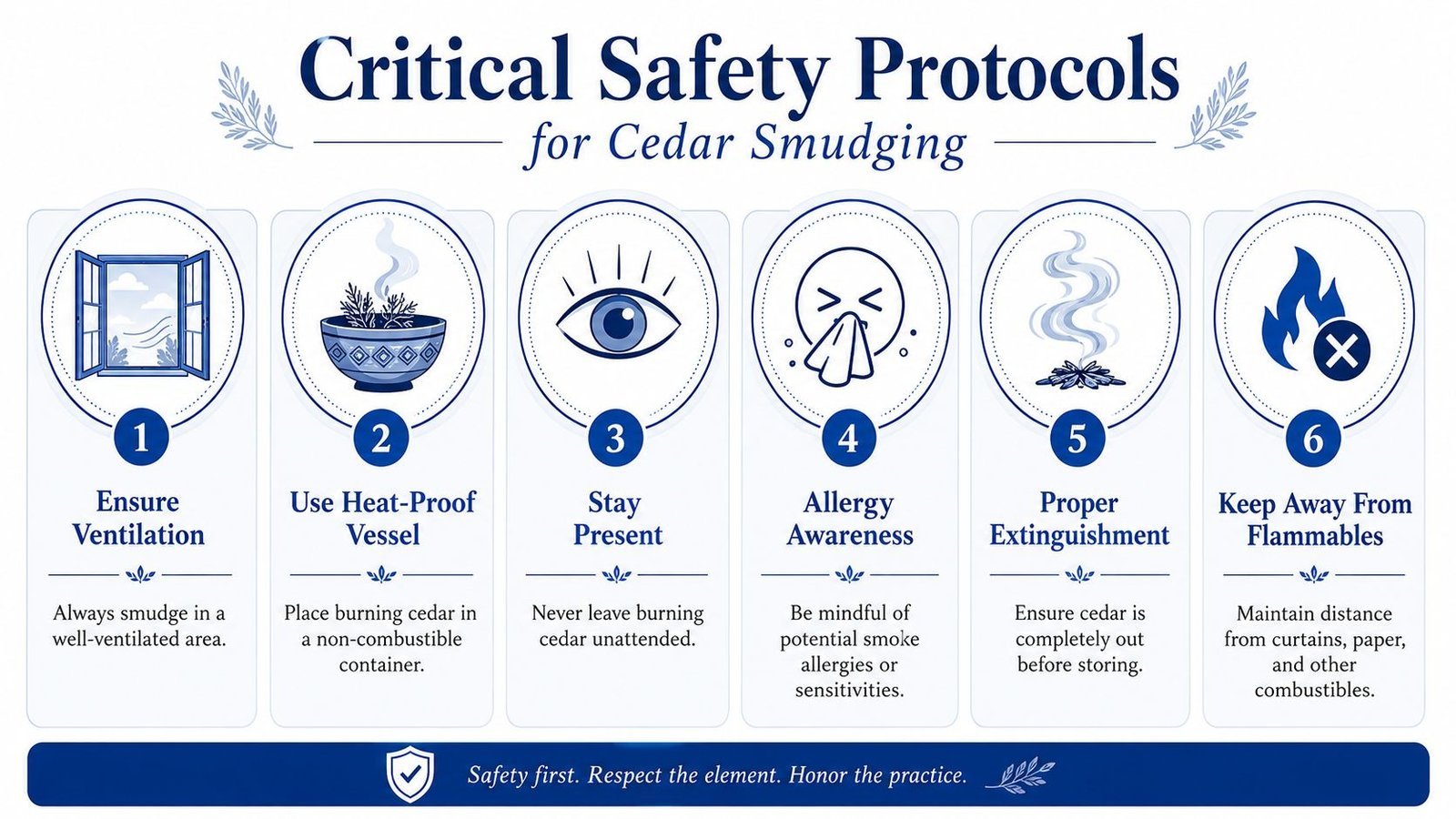An infographic detailing six critical safety protocols for practicing safe and respectful cedar smudging rituals.