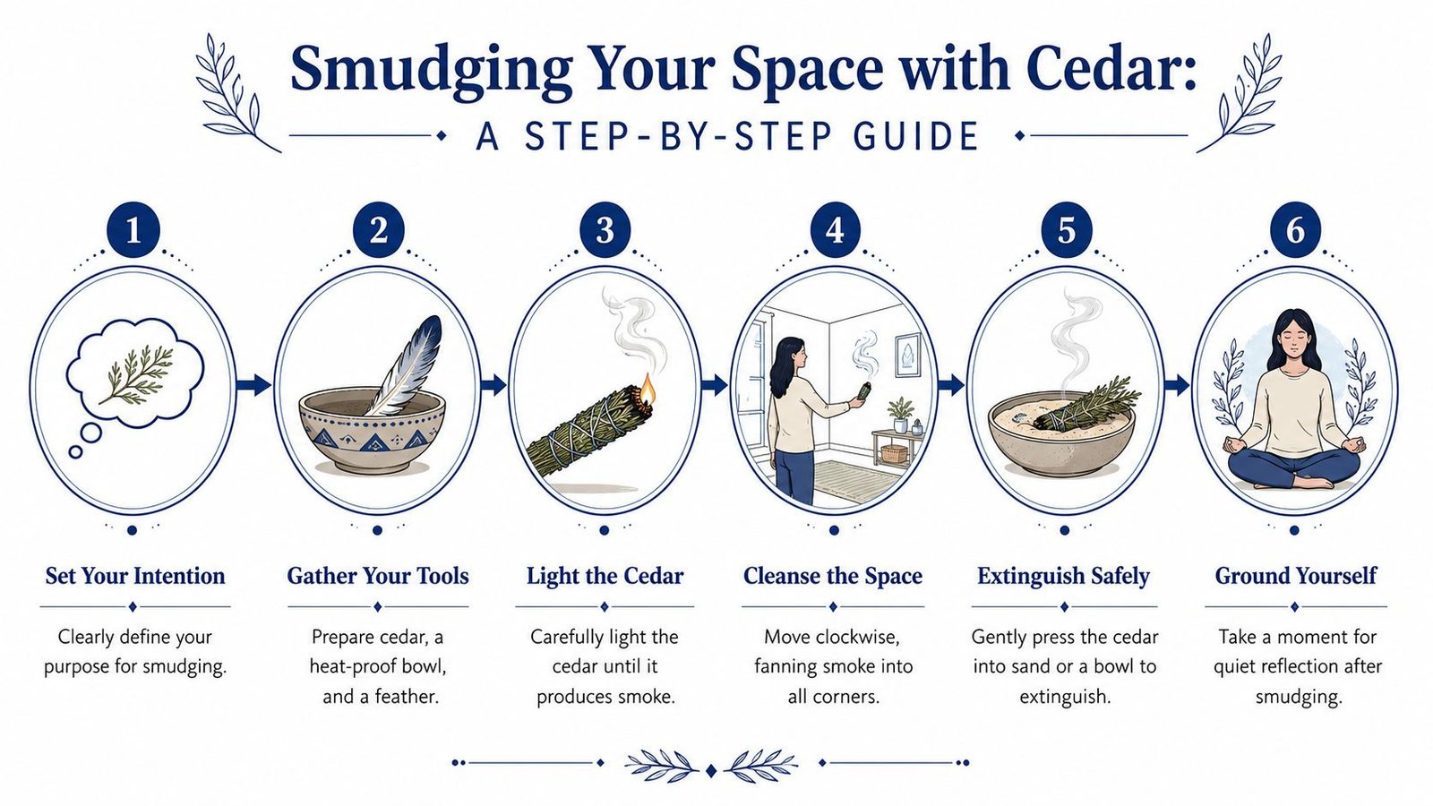 A six-step instructional infographic guide showing how to perform a smudging ceremony using cedar wood.