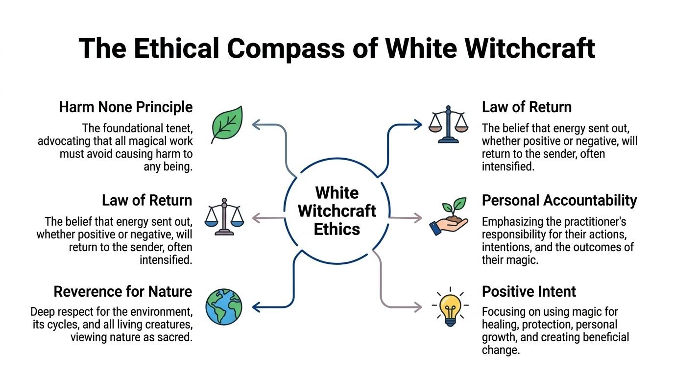 A diagram titled The Ethical Compass of White Witchcraft, displaying six core ethical principles surrounding central text.