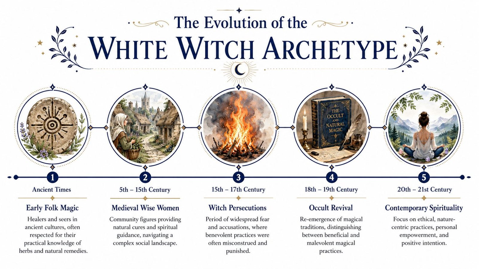 A timeline graphic illustrating the evolution of the white witch archetype from ancient times to modern spirituality.