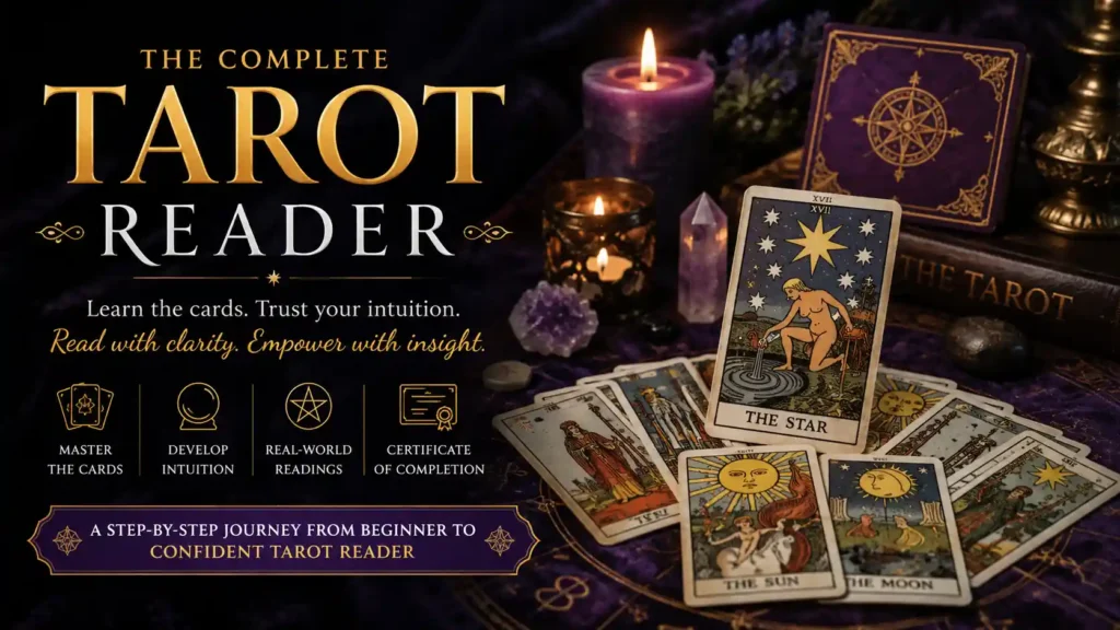 Learn Tarot cards reading
Tarot reading course featuring traditional tarot cards, candles, crystals, and The Complete Tarot Reader certificate training.