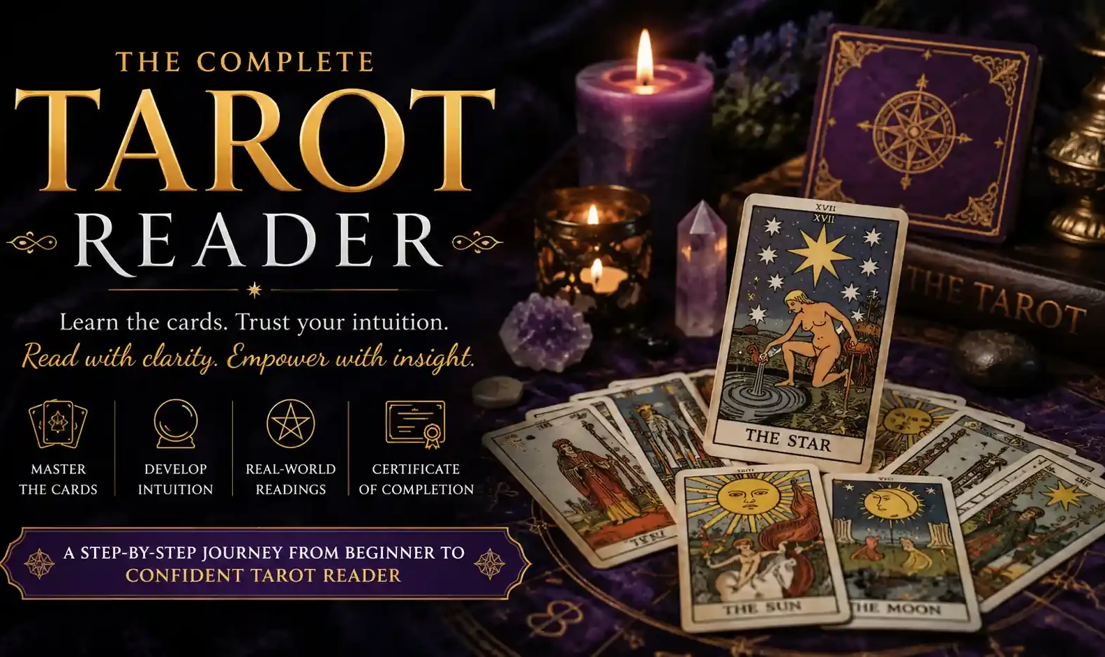 Tarot reading course featuring traditional tarot cards, candles, crystals, and The Complete Tarot Reader certificate training.