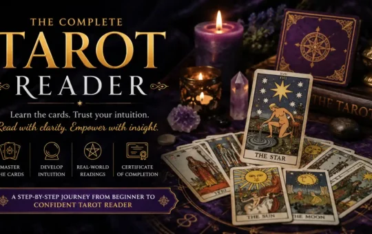 Tarot reading course featuring traditional tarot cards, candles, crystals, and The Complete Tarot Reader certificate training.