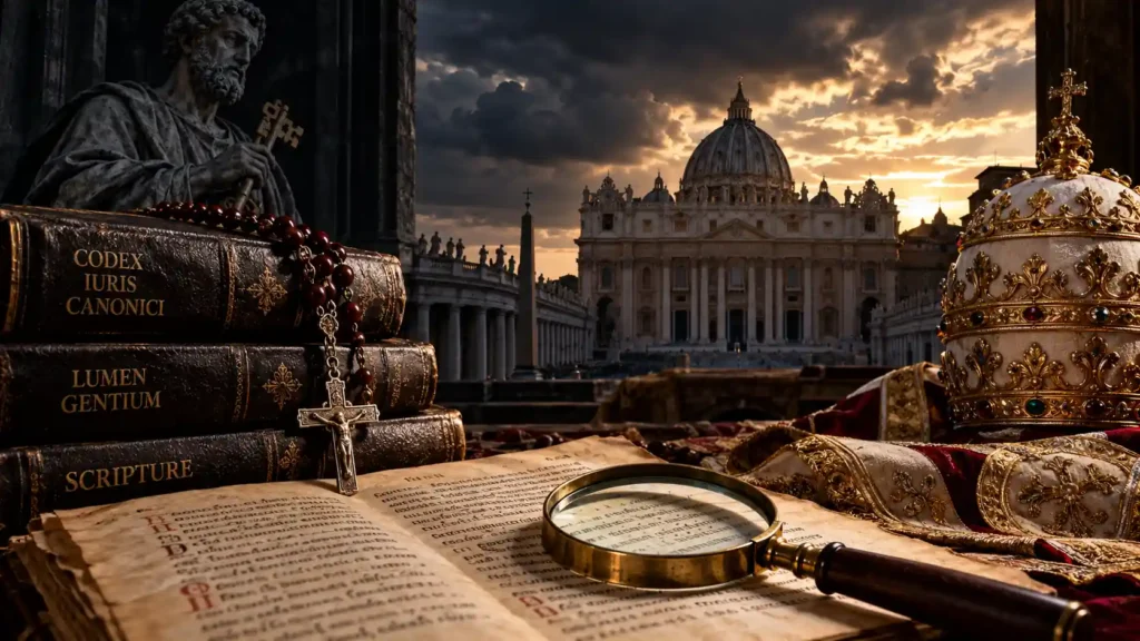 Catholic Church authority Catholic Church authority represented through St. Peter’s Basilica, Canon Law, Lumen Gentium, Scripture, papal regalia, and historical religious texts.