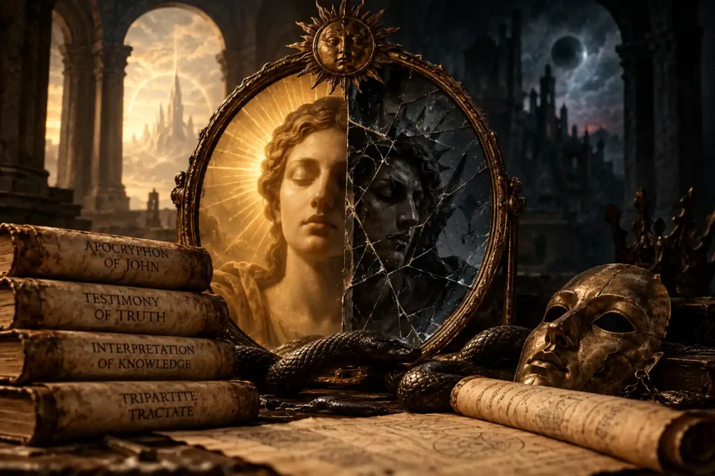 Counterfeit gnosis illustrated by a divided mirror representing true and false spiritual awakening