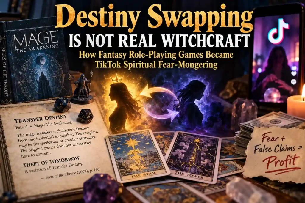destiny swap illustration featuring Tarot cards, fantasy role-playing imagery, and social-media spiritual fear-mongering