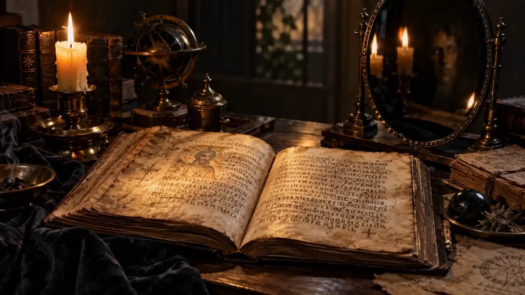 Meaning of gnosis illustrated by an ancient Gnostic manuscript, candlelight, occult study tools, and a dark mirror symbolizing self-knowledge and recognition.