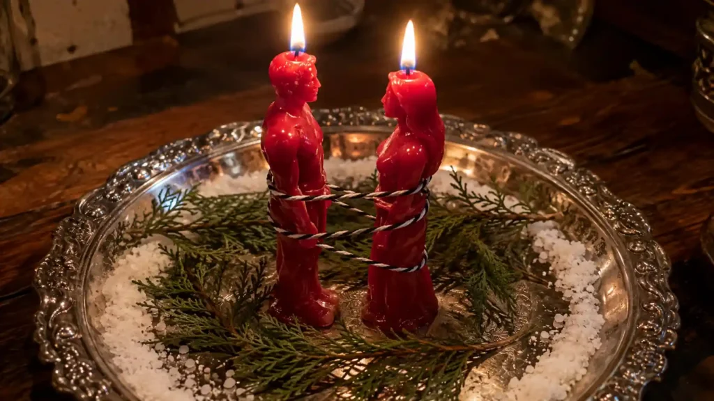 Two red human-shaped candles representing a man and woman face each other on a silver ritual plate, bound with black and white cord during a cord cutting ritual, surrounded by cedar branches and a circle of salt, with both candles burning.