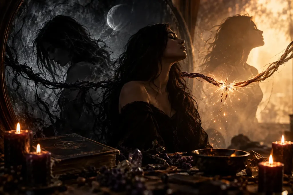 Shadow work illustrated by a woman confronting her shadow self as a glowing cord breaks, symbolizing emotional healing, self-awareness, and release from past attachments amid candlelight and darkness.