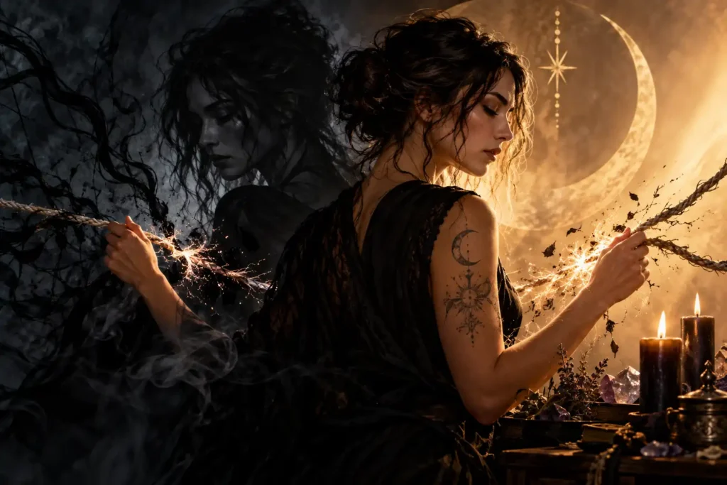 Shadow work healing illustrated by a woman confronting her shadow self and severing symbolic cords of emotional attachment, surrounded by candlelight, darkness, and golden light.